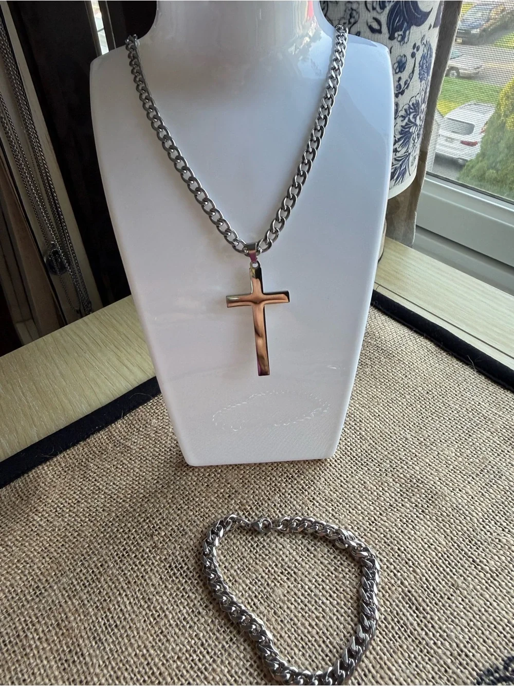 Stainless steel necklace with cross bracelet set